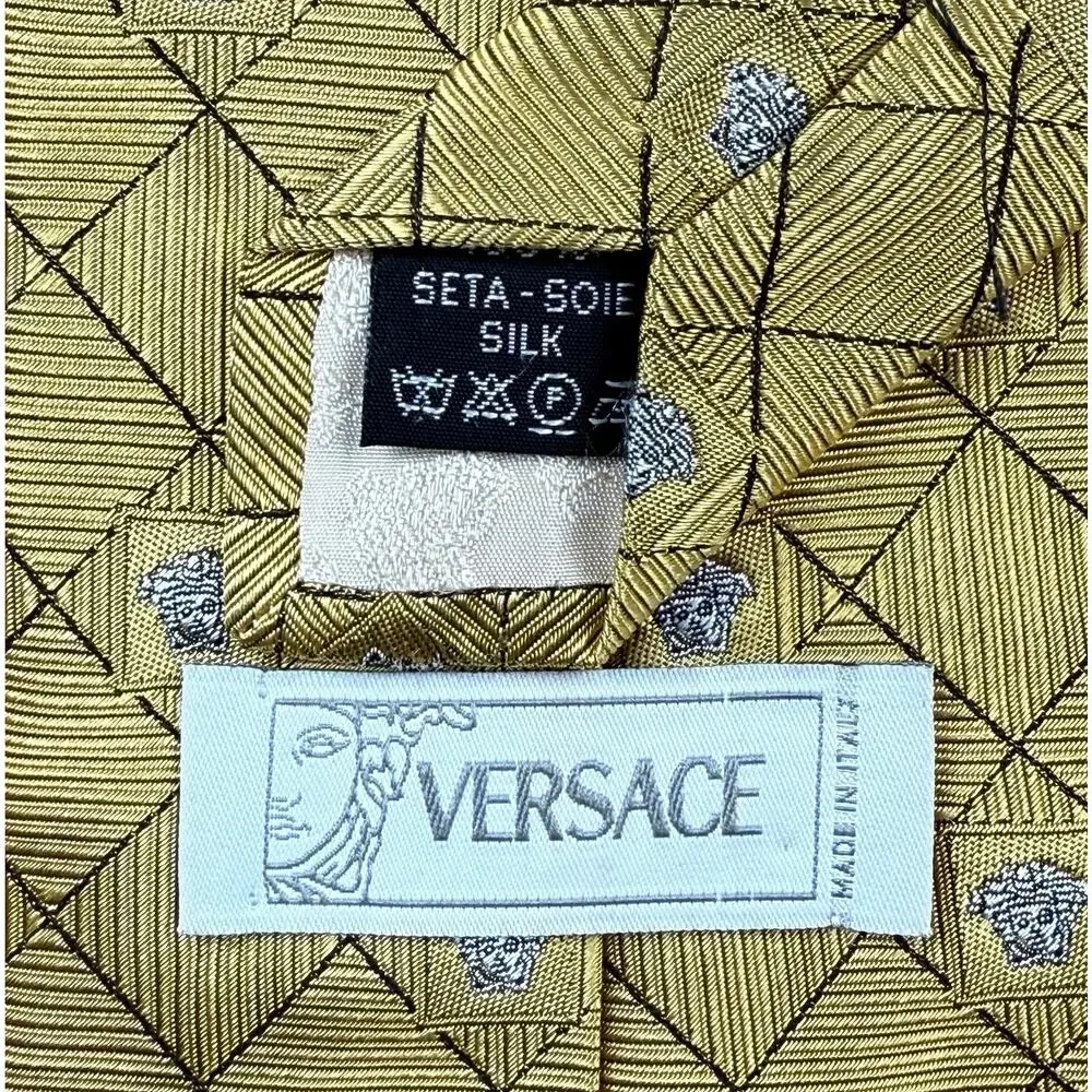 VERSACE 100% Silk Neck‎ Tie Gold Geometric Medusa Head Logo 90s Vintage 59L